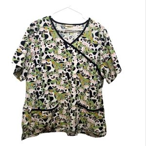 Tafford Floral Cows Scrub Top Women's Size L Nurse Medical Vet Childcare Fun
